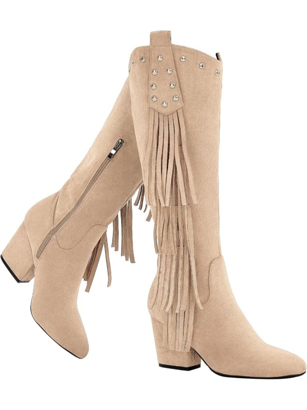 Women's Beige Winter Fashion Chunky Heels With Side Zipper Pointed Toe Pull On